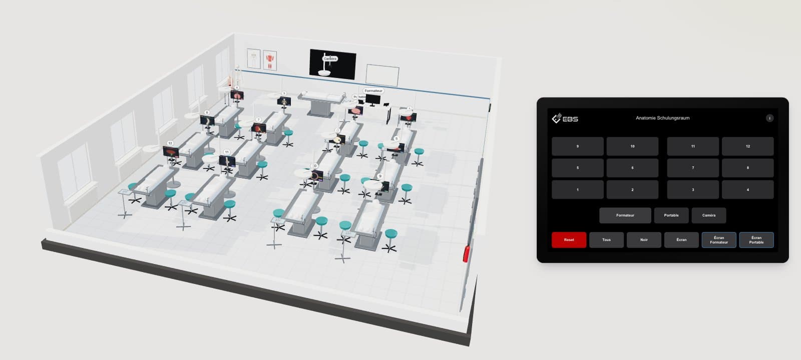 Démo en direct d'alphadidact : salle de dissection anatomique virtuelle en 3D avec écran tactile